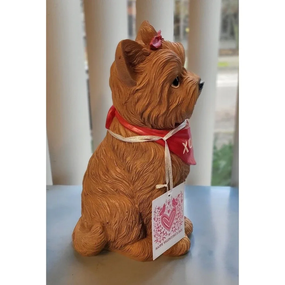 New Valentines Day Viral Yorkie Figurine with a red bow and a XOXO Bandana
